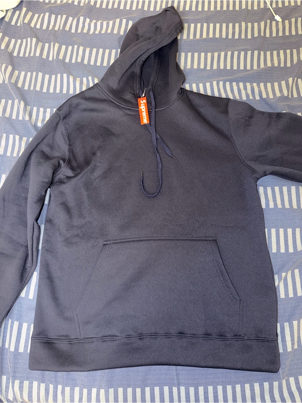 SUPRE size M Navy Blue Pullover Hoodie with Red Logo Tag